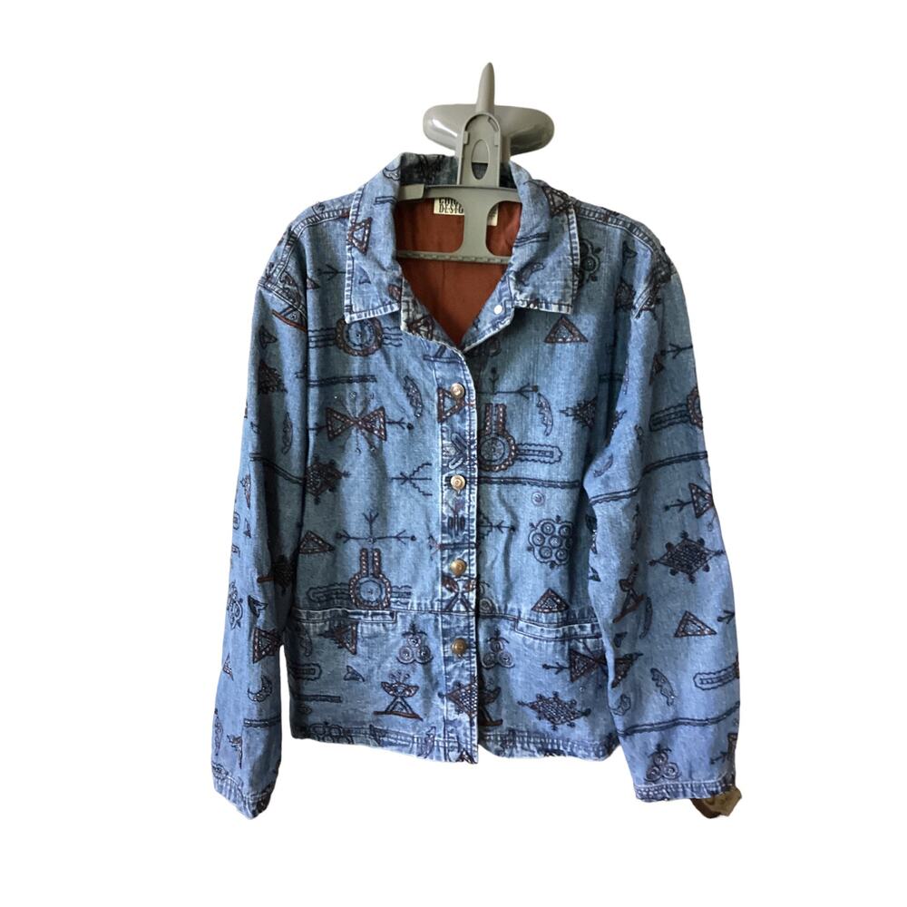 Chico's Design Beaded Lined Denim Button Up Jacket Size L